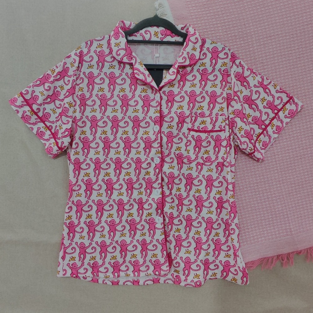 Roller Rabbit Pink Monkey-Print Button-Down Sleep Shirt